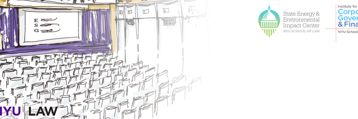 A sketch of an auditorium, with a screen on the stage displaying a slide that reads "ESG." Logos of NYU Law, The State Energy & Environmental Impact Center, and the Institute for Corporate Governance & Finance.