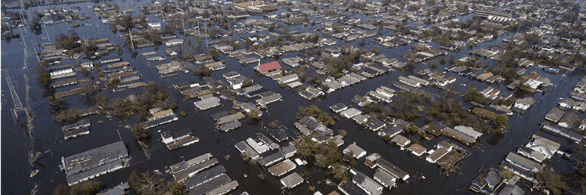 An aerial view of a flooded residential area.