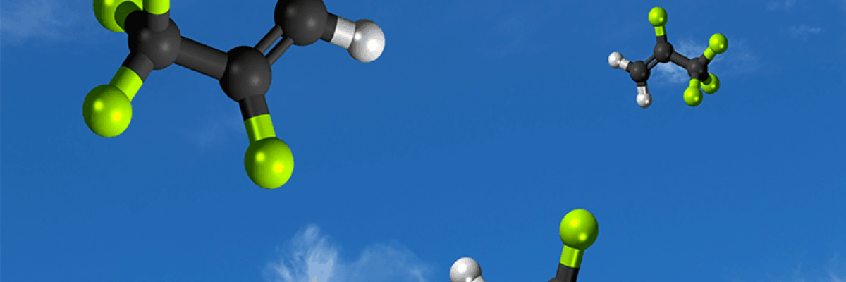 A depiction of the molecular structure of one type of hydroflourocarbon, floating in front of a blue sky.