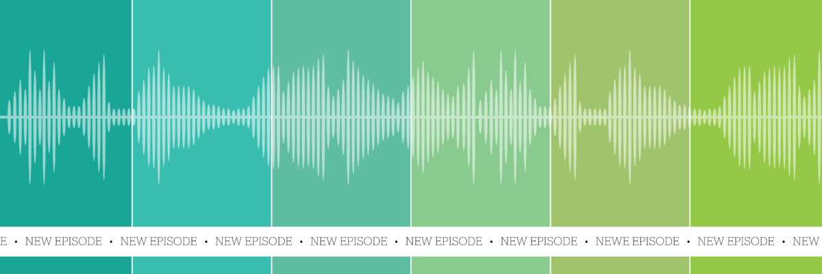 Voice waves against green bars reminiscent of a battery. A banner of text at the bottom repeating the words "new episode"