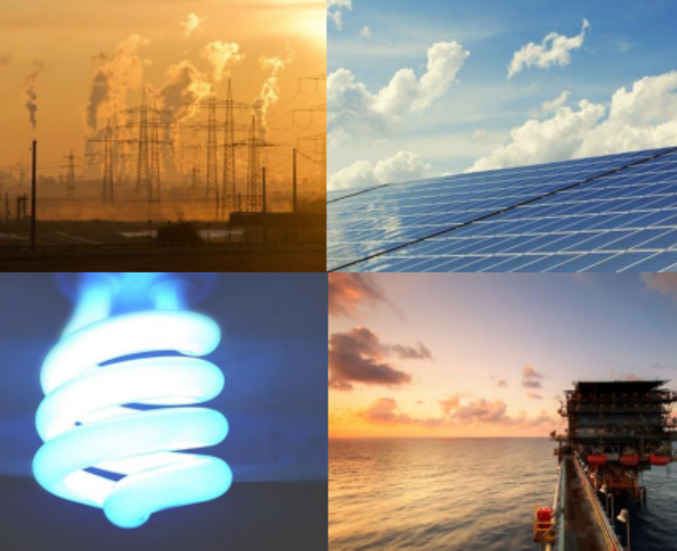 A collage of images depicting: a power plant, a solar panel, a light bulb, an offshore oil rig.