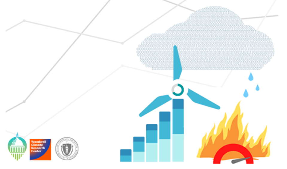 A wind turbine made out of a bar chart and a circle chart; a fire with a pressure gauge; a cloud made out of binary code (0s and 1s); a line chart in the background. The logos of the State Impact Center, Woodwell Center, and the Massachusetts AGs Office.