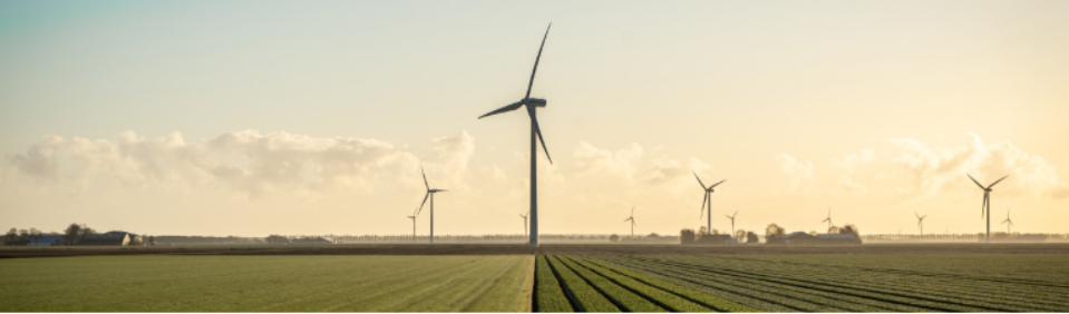 Wind turbines in a green agricultural field against a soft sky filled with fluffy clouds
