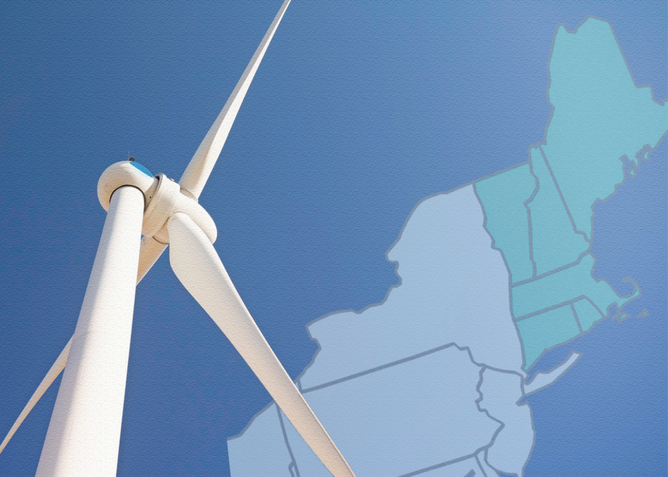 A wind turbine viewed from the ground, and a map of New England superimposed on the sky