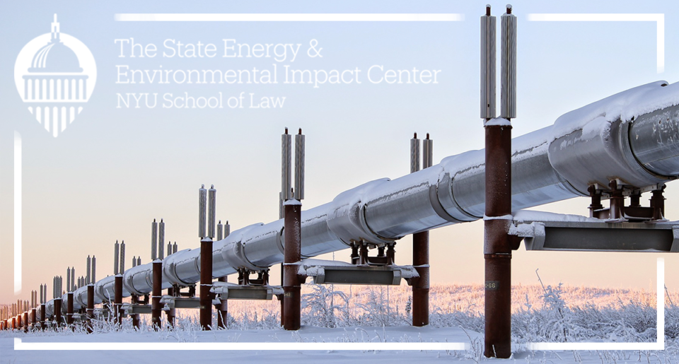 A pipeline runs through a wintery landscape with a soft sky in the background