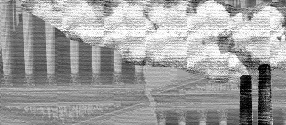 An abstract, black and white image depicting an upside down court house and smoke billowing out of two smoke stacks.