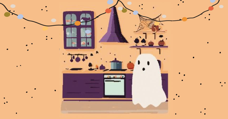 A ghost cooking in a spooky cozy Halloween kitchen