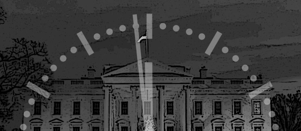 An image of a clock ticking in front of the White House.
