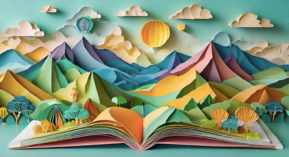 3D paper art showing a book opening up into a colorful mountain scene