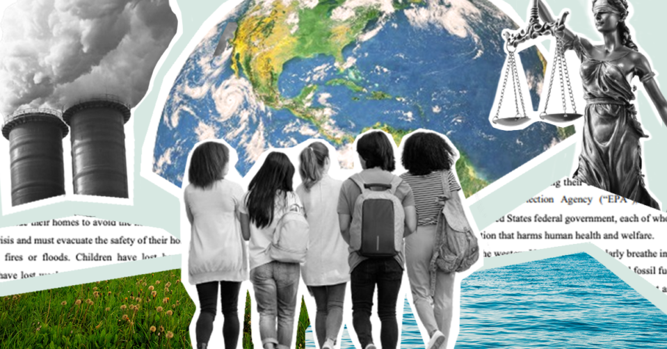 A cut-out collage depicting planet earth, a group of high schoolers, smokestacks, grass, water, lady justice, and the complaint from Genesis B v. EPA