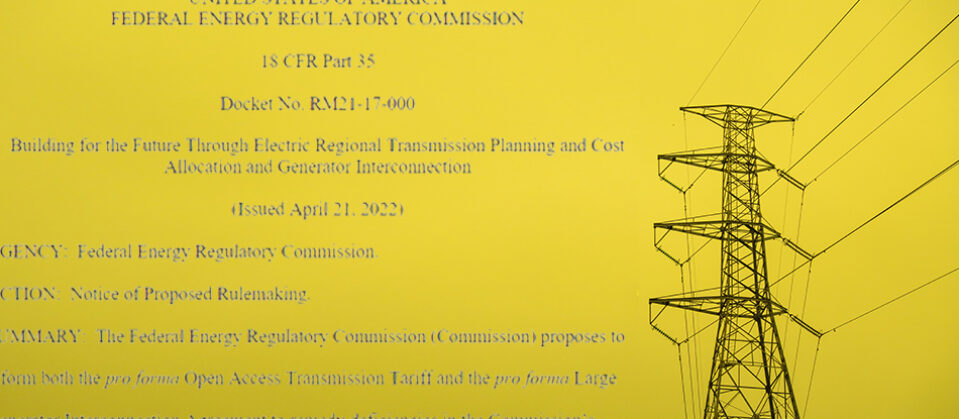 An inky black transmission tower against a bright yellow sky; text from a FERC order fills the sky