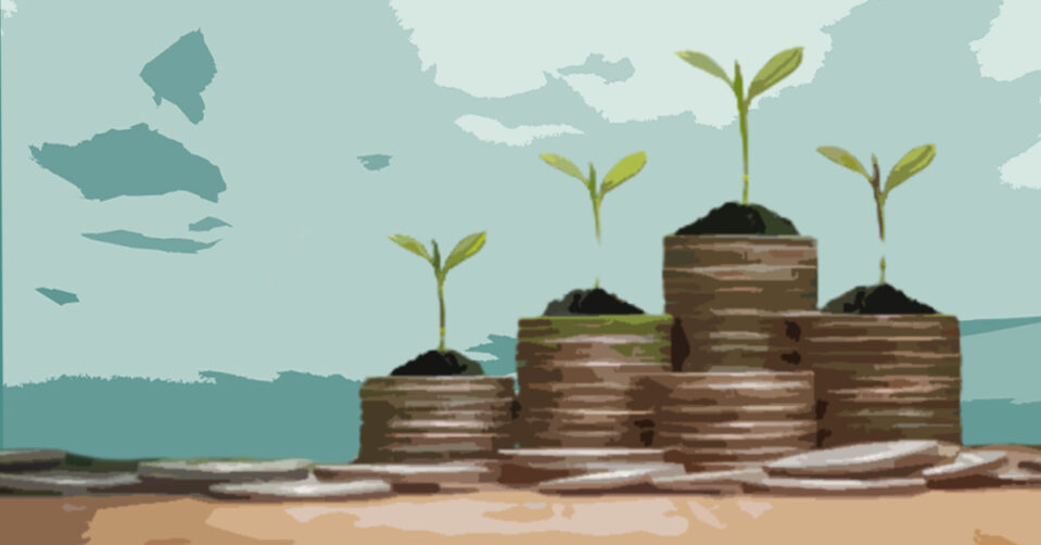 Stacks of coins with seedlings sprouting out of them
