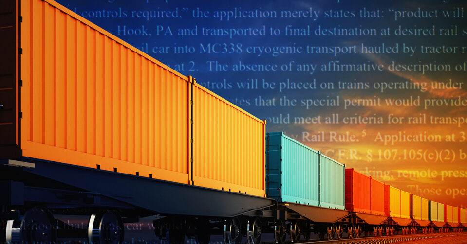 A freight train with colorful cars recedes into the horizon at sunset; text from an AG comment letter on hazardous material transport by rail is overlaid across the sky.