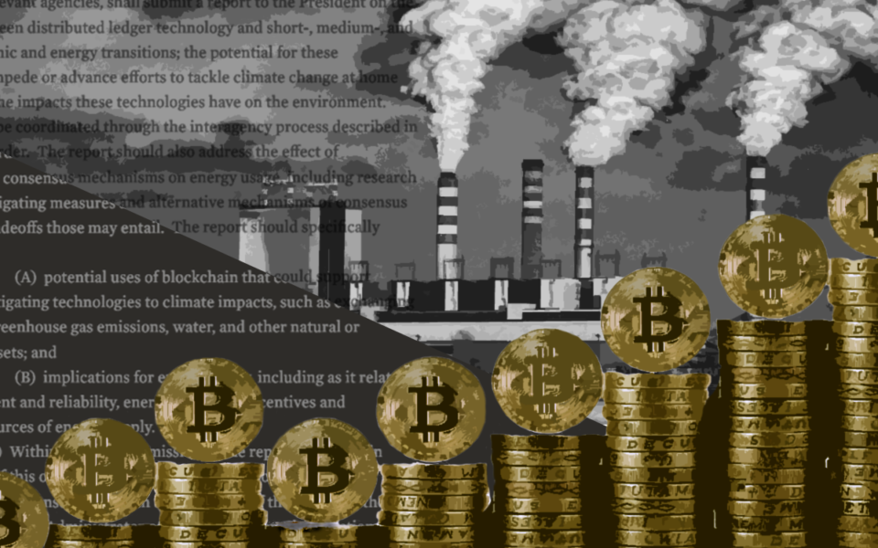 A posterized black, white, grey, and gold graphic showing a row of Bitcoin stacks arranged from shortest to tallest in the foreground, text in the midground, and smokestacks in the background