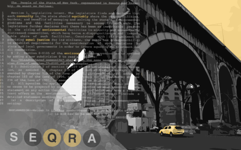 A posterized black, white, grey, and gold graphic showing the letters "SEQRA" stylized as subway line icons in the foreground, text from SEQRA in the midground, and a taxi driving under a tall overpass backed by a yellow sky in the background.