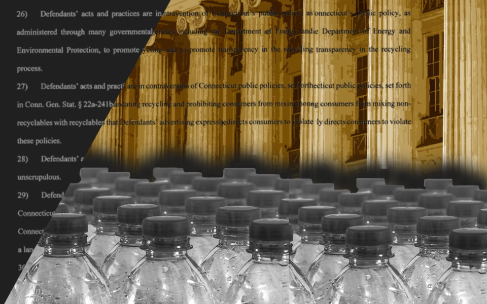 A posterized black, white, grey, and gold graphic showing rows and rows of plastic water bottles in the foreground, an text relating to plastics litigation in the midground, and a courthouse in the background.