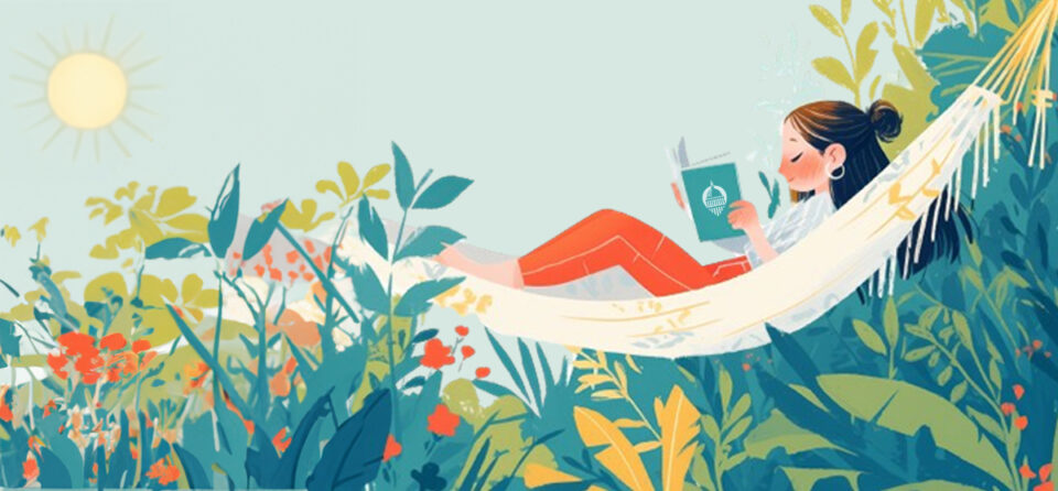 A botanical-inspired illustration of a woman sitting in a hammock reading a book with the State Impact Center logo on it