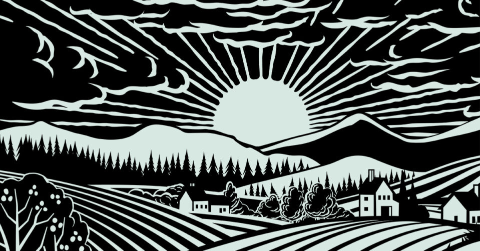 A linocut illustration of the sun setting over a farmland scene