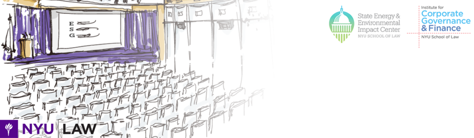 A sketch of an auditorium, with a screen on the stage displaying a slide that reads "ESG." Logos of NYU Law, The State Energy & Environmental Impact Center, and the Institute for Corporate Governance & Finance.