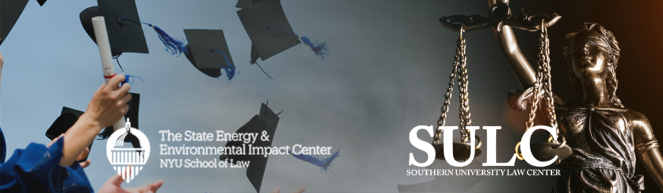 On the left, graduates through their caps into the air and hold diplomas. On the right, a bronze Lady Justice statue. The logos of the State Energy & Environmental Impact Center and the SULC