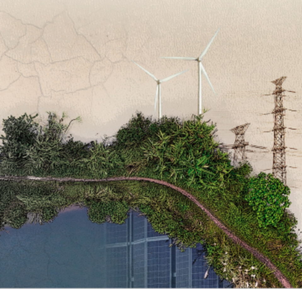 An abstract design depicting solar panels, wind turbines, transmission towers, dry, cracking soil, and vegetation.