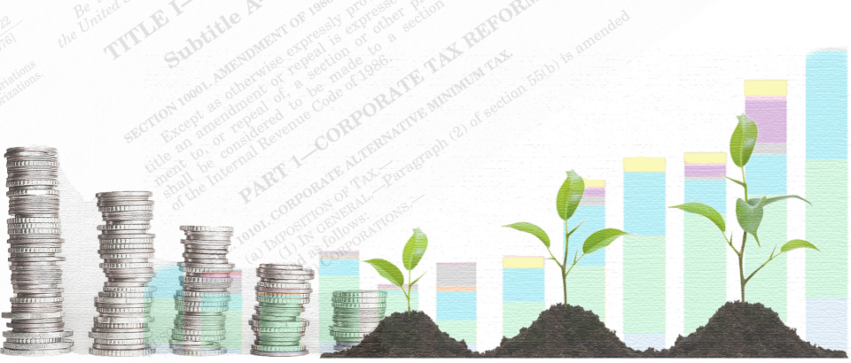 A graphic showing stacks of coins, sprouting plants, and a bar chart, arranged in a descending pattern on the left and an ascending pattern on the right.