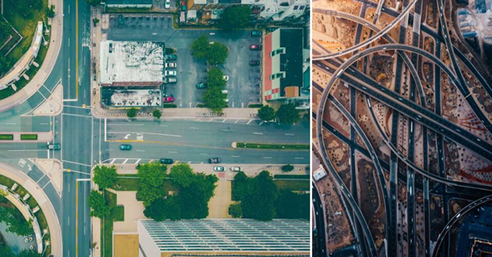 Two aerial shots; one of an intersection in a city, the other of a winding interstate system.