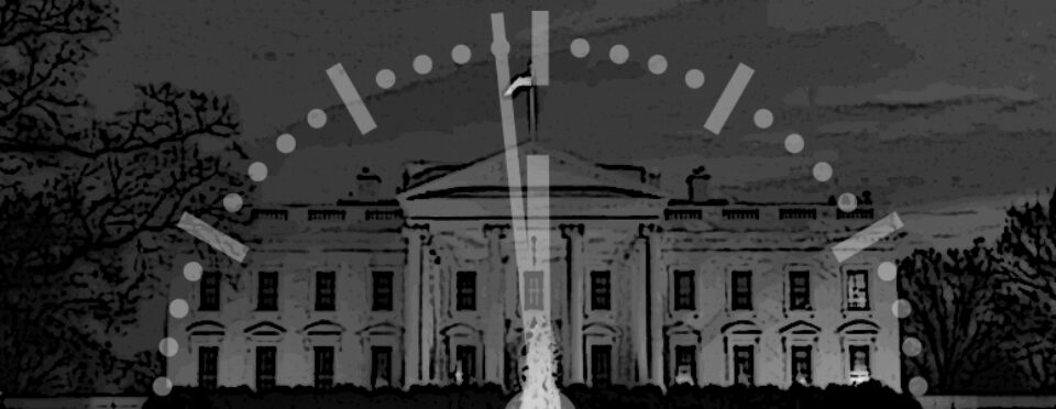 A black and white illustration of the White House, with the face of a clock, 1 minute from midnight, overlaid.