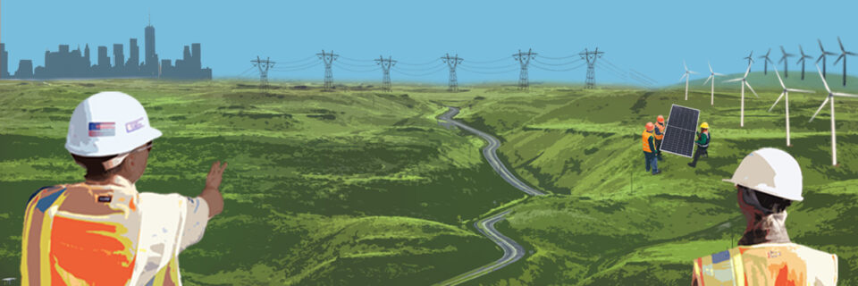 An illustration of a just transition: construction workers overlook a green valley with a winding road; solar panels are being installed in the foreground; in the distance, transmission towers and lines connect wind turbines on one side of the image to a skyline on the other side.