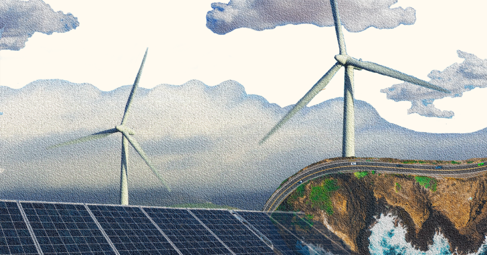 An illustration depicting wind turbines, solar panels, and a costal road.
