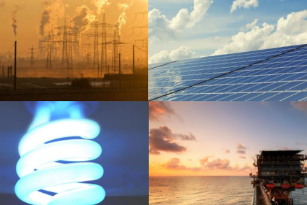A collage of images depicting: a power plant, a solar panel, a light bulb, an offshore oil rig.