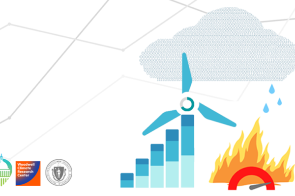 A wind turbine made out of a bar chart and a circle chart; a fire with a pressure gauge; a cloud made out of binary code (0s and 1s); a line chart in the background. The logos of the State Impact Center, Woodwell Center, and the Massachusetts AGs Office.