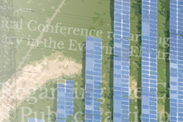 An abstract image showing solar panels, transmission towers, and text from various articles and documents about FERC.