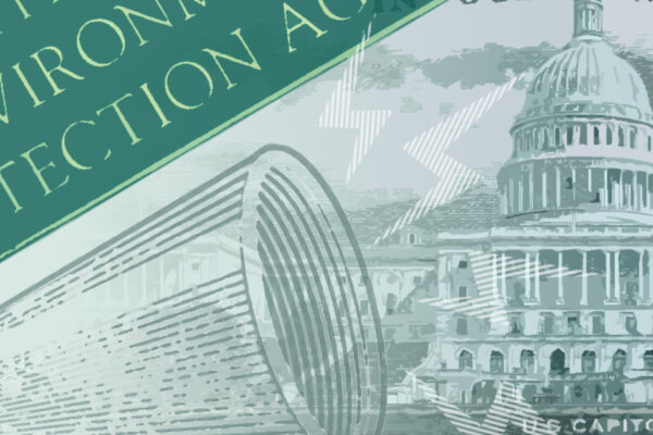 A graphic depicting the U.S. Capitol from a money bill, a bullhorn with noise symbols, a plaque that says "U.S. Environmental Protection Agency" on it, all in various shades of green.