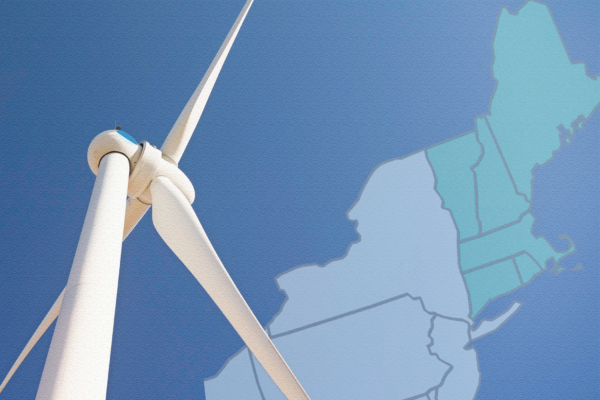 A wind turbine viewed from the ground, and a map of New England superimposed on the sky