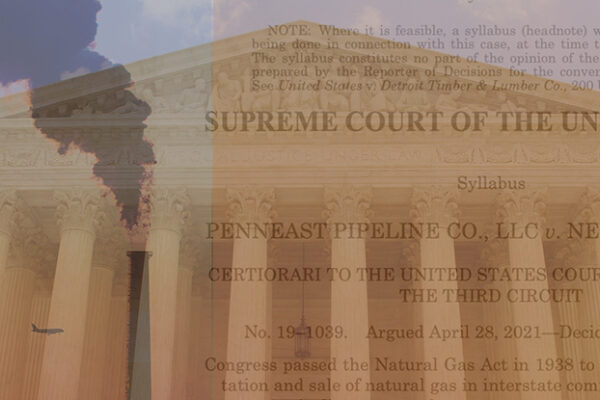 A court house; a smoke stack; text from a Supreme Court case laid across the screen.