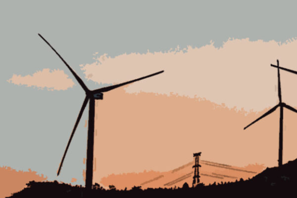 A comic-book looking graphic of wind turbines and a transmission tower.