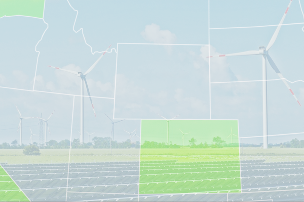 A map of the United States, with California, Colorado, and Washington highlighted in green, is overlaid on a view of wind turbines in a field