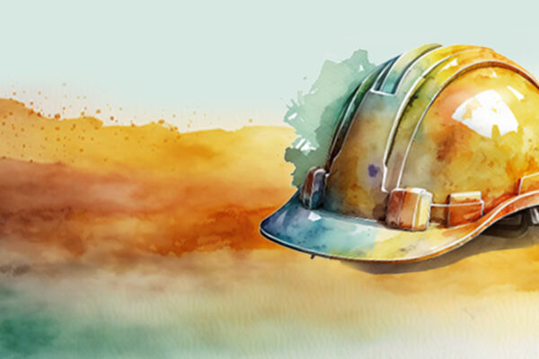 A watercolor illustration of a construction hard hat over deep yellows, oranges, and blues that evoke very hot temperatures.