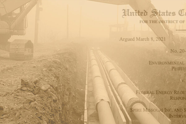 A faded image of a construction vehicle doing work on a pipeline; the text of a FERC proceeding laid over the photo.