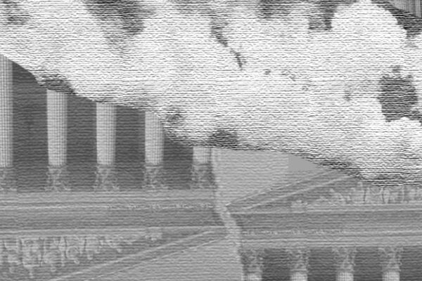 An abstract, black and white image depicting an upside down court house and smoke billowing out of two smoke stacks.