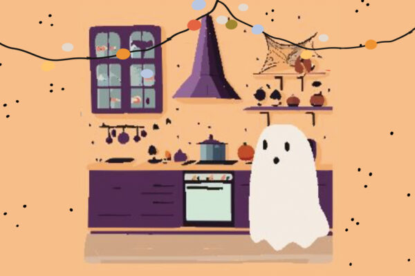 A ghost cooking in a spooky cozy Halloween kitchen
