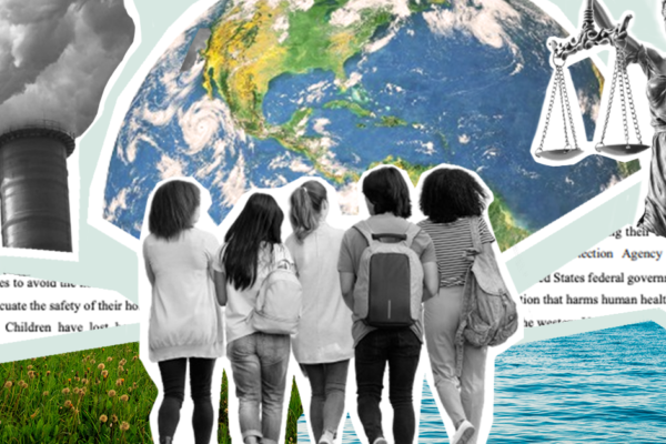 A cut-out collage depicting planet earth, a group of high schoolers, smokestacks, grass, water, lady justice, and the complaint from Genesis B v. EPA