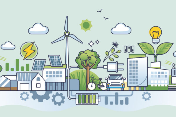 An illustration depicting the grid of the future, with wind turbines, solar energy, and trees filling a bustling urban scene