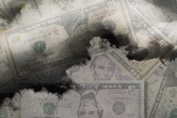 Smoke billowing from a smoke stack; slightly transparent picture of US money overlaid.