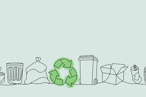 Line art of items such as trash cans, recycling bins, trash bags, tin cans, boxes, and a recycling symbol. The lines are black, and the recycling symbol is filled in with green.