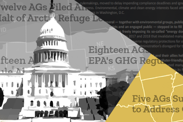 A posterized black, white, grey, and gold graphic showing text describing AG actions in the foreground, an outline of a U.S. state map in the midground, and the U.S. Capitol building in the background.