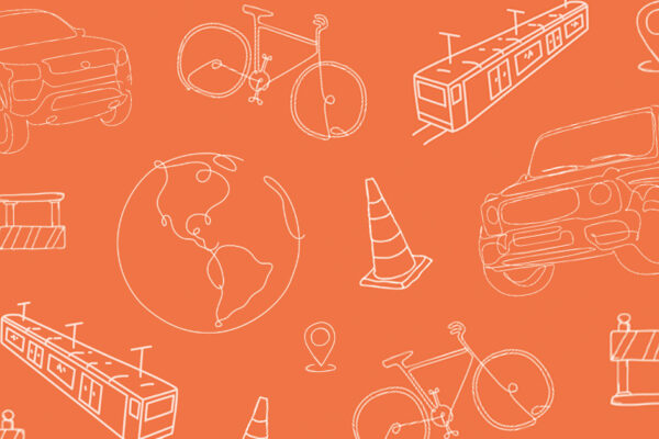 An orange background with white, outline sketches of the following items placed in a pattern across the image: a globe, a traffic cone, a subway card, a bike, a location pin icon, a construction roadblock, a pickup truck, a jeep.