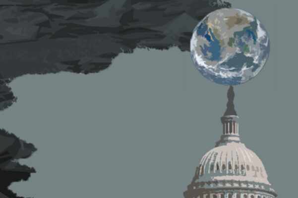 An illustration showing planet earth balancing atop the U.S. Capitol building, with black smoke filling the sky; the smoke is also reminiscent of coal.