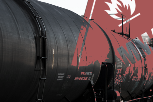 A black pipeline with a crimson "Flammable" cautionary sign overlaid